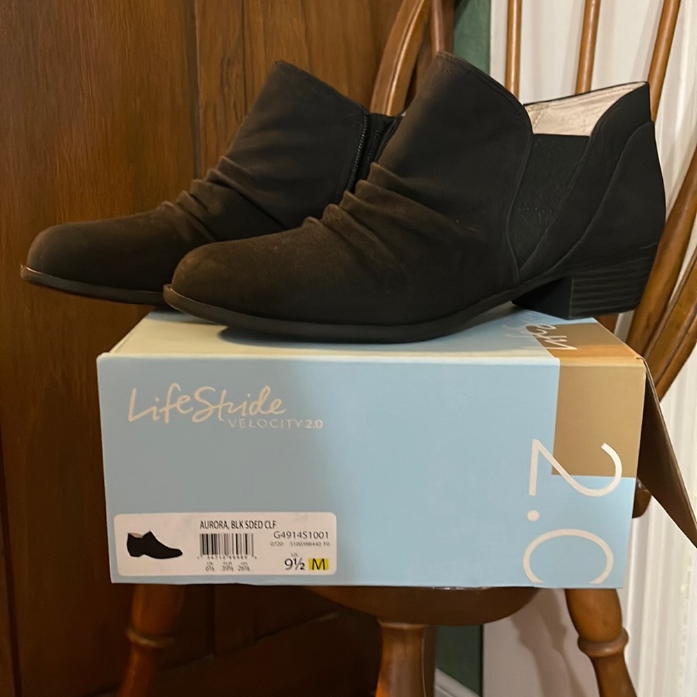 Life Stride black suede bootie size 9.5. These are new. I never wore them.